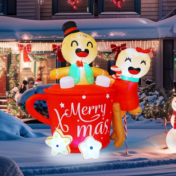 ⚡6 FT Christmas Inflatables Gingerbread Man in Hot Cocoa Mug Outdoor Decorations - Picture 1 of 7